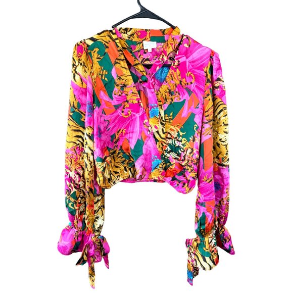 Dee Elly Raja Tiger Tie Neck Crop Blouse Hot Pink Floral Animal Print Size Large - Picture 2 of 9